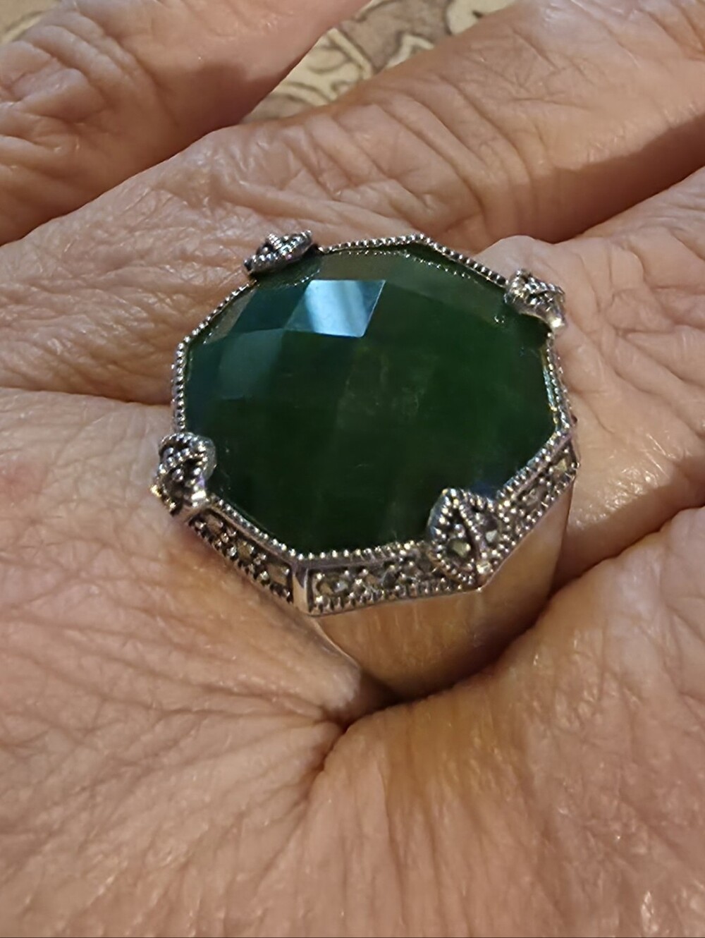 Sterling Silver, Jade & Marcasite Ring